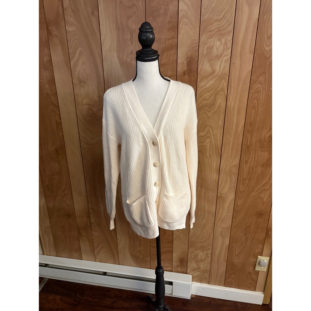 LOFT Womens Ivory Cotton Shaker Stitch V-Neck Button Front Cardigan Sweater S